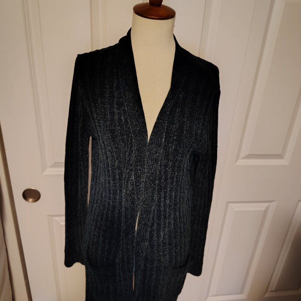 Matty M Midnight Supersoft Sweater Long Length Ribbed Open Front Blue Office